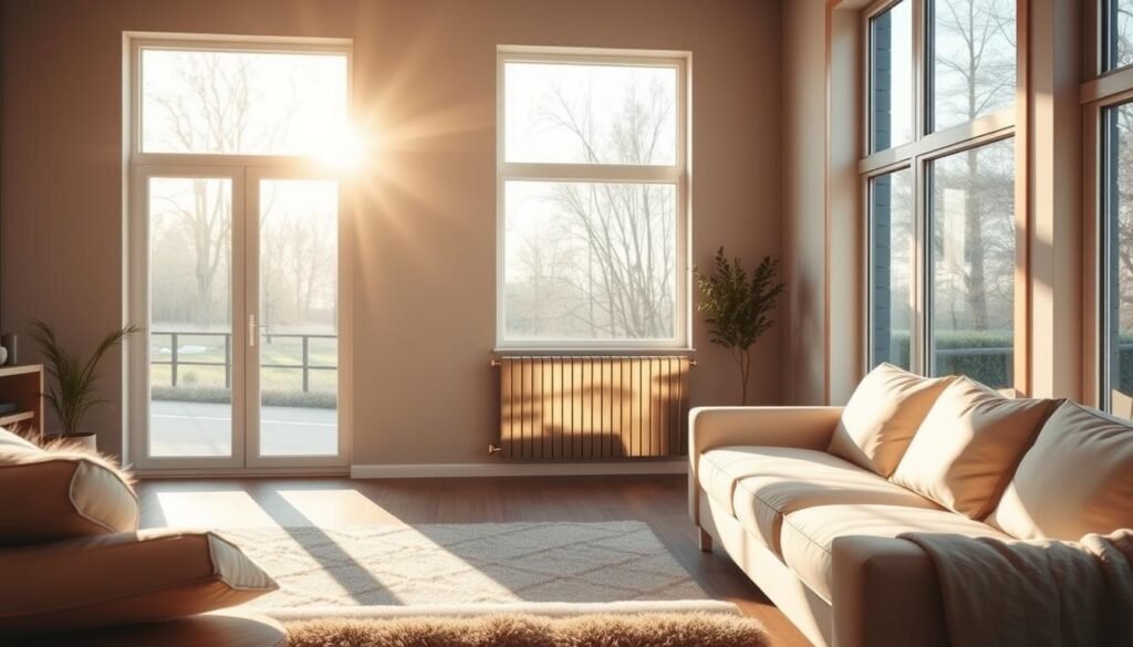 A warm, cozy living room with a sleek, modern solar radiator as the focal point. The radiator is made of smooth, metallic panels that reflect the natural light streaming in through large windows, casting a soft, ambient glow throughout the space. In the foreground, plush, neutral-toned furnishings and decor create a harmonious, minimalist aesthetic, while the background features a serene outdoor landscape, hinting at the radiator's sustainable, eco-friendly nature. The overall scene conveys a sense of comfort, efficiency, and harmony, perfectly complementing the article's subject and section title.
