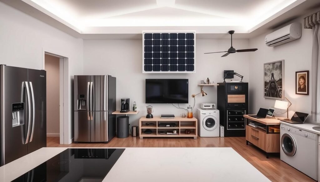 A well-lit interior of a modern home, showcasing a variety of electrical appliances and devices powered by a prominent 3000W solar panel system. In the foreground, a sleek induction cooktop, a high-efficiency refrigerator, and a smart TV stand out against a neutral color palette. In the middle ground, a coffee maker, a blender, and a laptop charging station demonstrate the versatility of the solar-powered setup. The background features additional household electronics like a washing machine, a desk lamp, and a ceiling fan, all seamlessly integrated into the energy-efficient design. The scene conveys a sense of clean, sustainable living with the solar panel system as the focal point, illuminating the possibilities of powering a modern home with renewable energy.