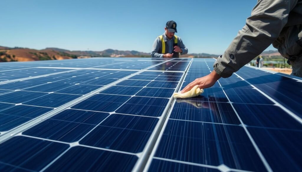 A well-maintained solar panel array, with technicians carefully inspecting and cleaning the panels on a sunny day. The foreground shows a worker using a soft cloth to wipe down the solar cells, ensuring maximum light absorption. In the middle ground, another technician examines the panel connections, checking for any issues. The background features a picturesque landscape, with rolling hills and a clear blue sky, conveying a sense of tranquility and the importance of renewable energy. The scene is lit by natural sunlight, highlighting the sleek, modern design of the solar panels. The overall mood is one of diligence and environmental stewardship, emphasizing the need for regular maintenance to maximize the lifespan and efficiency of solar power systems.