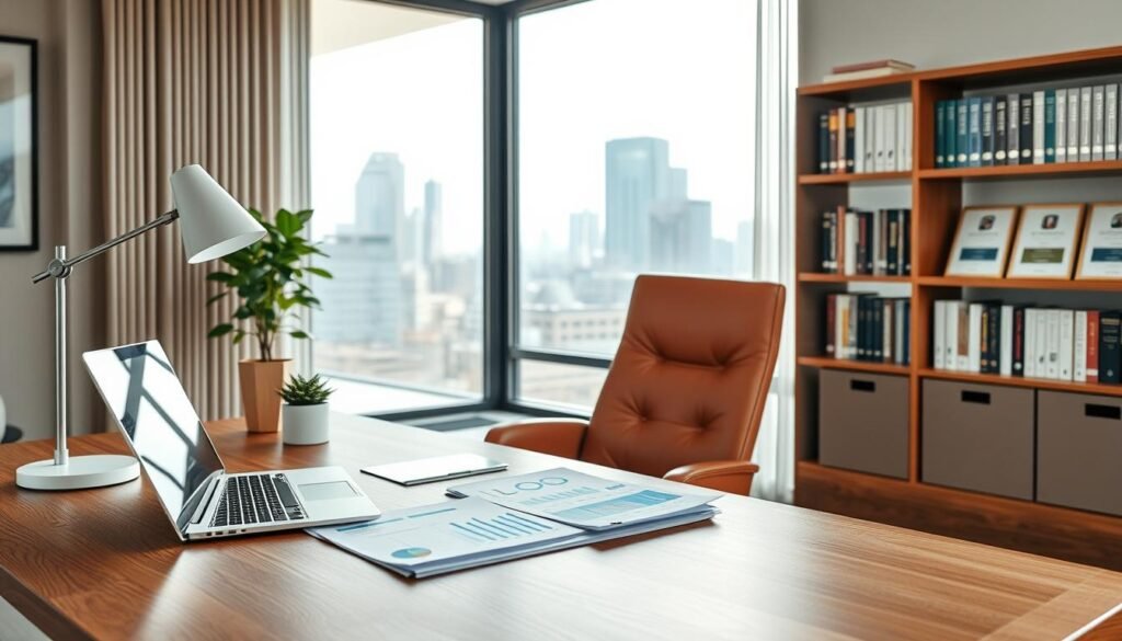 An elegant and modern office setting, with a large window overlooking a cityscape. In the foreground, a wooden desk is adorned with a sleek laptop, a minimalist desk lamp, and a potted succulent. On the desk, financial documents and charts are neatly arranged, conveying a sense of organized and sustainable finance. The middle ground features a comfortable leather chair, while the background showcases a bookshelf filled with finance-related books and certificates, indicating expertise and authority in the field of sustainable investing. The lighting is soft and natural, creating a calm and professional atmosphere. The overall composition and color palette suggest a harmonious blend of technology, nature, and financial acumen, reflecting the essence of "finance durable."