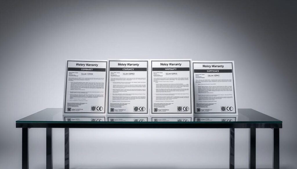 Comparaison of solar panel manufacturer warranties displayed on a sleek, modern glass and metal table. High-key lighting illuminates the various warranty documents side-by-side, showcasing the differences in coverage, duration, and terms. The glass surface reflects the documents, creating a sense of depth and emphasizing the comparative nature of the scene. The background is a minimalist gray studio setting, allowing the warranties to be the focal point. The composition is balanced and symmetrical, guiding the viewer's eye to easily compare the details across the different manufacturers.
