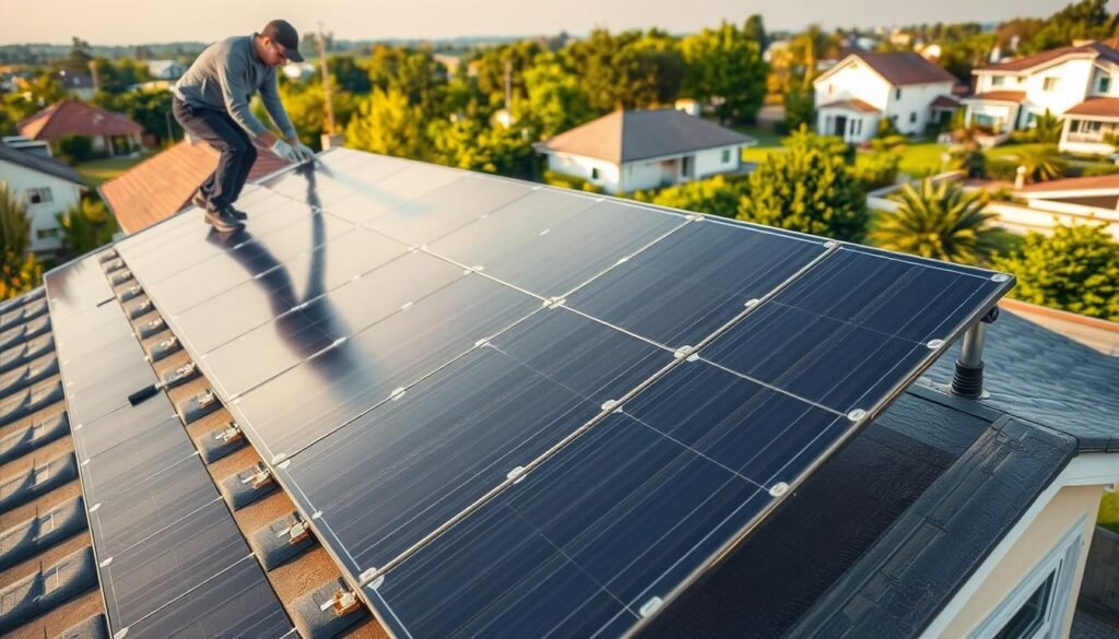 Detailed installation of flexible solar panels on a residential rooftop. Foreground shows a worker carefully mounting the lightweight, pliable panels onto the roof surface, using specialized clamps and fittings. Middle ground reveals the array of panels blending seamlessly with the roofline, their sleek, matte black surfaces catching the warm, diffused sunlight. Background depicts a picturesque suburban neighborhood, with lush greenery and modern homes. The scene conveys a sense of efficient, eco-friendly home energy generation, with the flexible panels integrating discreetly into the architectural design.