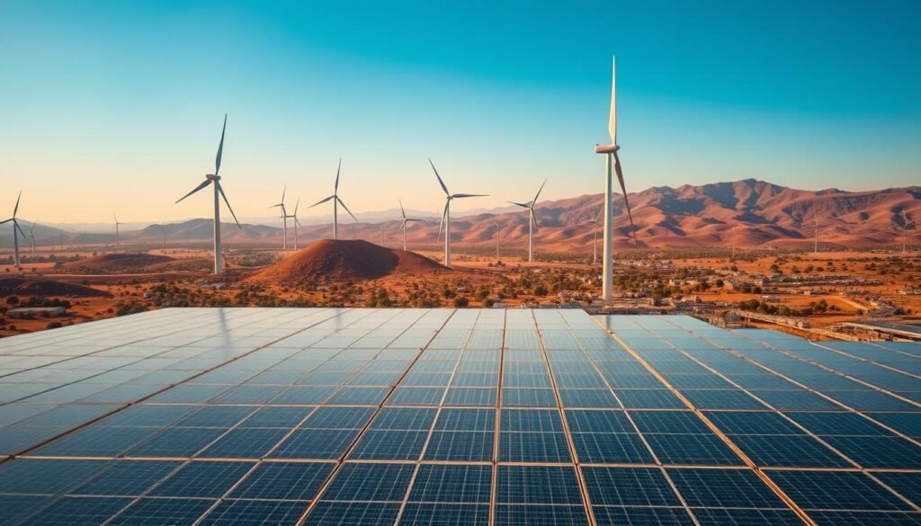 Diversified energy projects in Morocco - a sprawling landscape showcasing EDF's renewable energy initiatives. In the foreground, a vast solar power plant with sleek, gleaming panels capturing the sun's rays. In the middle ground, towering wind turbines gracefully turning, their blades slicing through the air. Beyond, rolling hills dotted with small-scale hydroelectric dams, harnessing the power of flowing water. The scene is bathed in warm, golden light, conveying a sense of progress and innovation. Capturing the breadth of EDF's renewable energy endeavors in the Kingdom, a vision of a sustainable future.