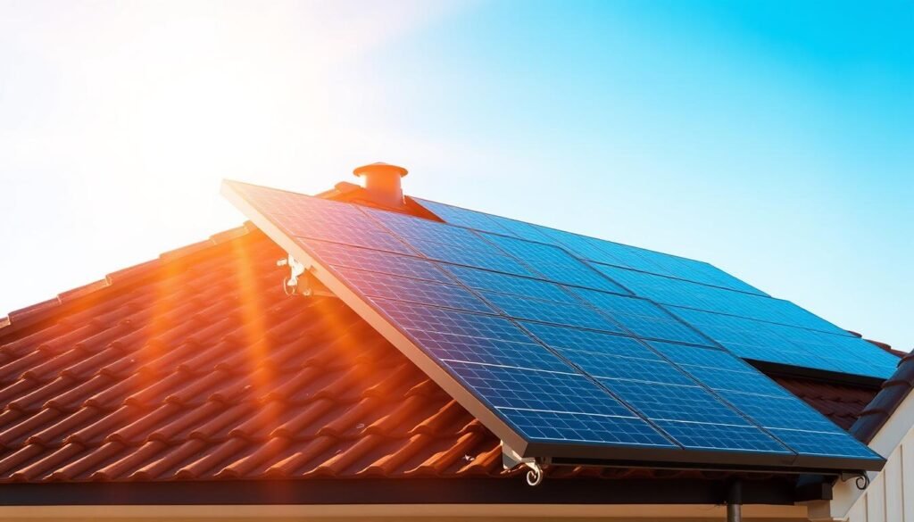Photovoltaic solar panels for air conditioning, installed on a residential rooftop. The panels are neatly arranged, capturing the sun's rays to power an efficient cooling system within the home. The scene depicts a modern, sustainable living solution, with the solar array seamlessly integrated into the architectural design. Warm, golden sunlight bathes the panels, highlighting their sleek, black surfaces. In the background, a clear blue sky suggests an ideal climate for harnessing solar energy. The composition emphasizes the harmony between renewable technology and comfortable, eco-friendly living.
