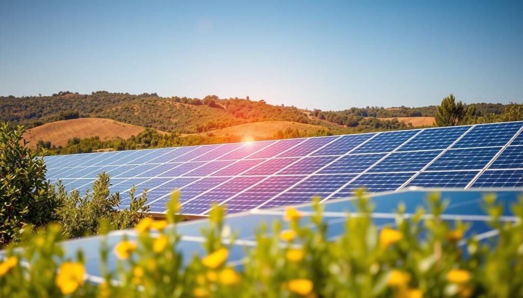 Prompt A stunning solar panel installation set against a backdrop of lush greenery and a clear blue sky. In the foreground, innovative photovoltaic technologies are showcased, their sleek, high-efficiency designs capturing the sun's rays with precision. The middle ground features a diverse array of cutting-edge solar panels, their surfaces gleaming under the warm, golden light of the sun. In the background, a rolling Provençal landscape provides a serene and picturesque setting, highlighting the integration of these renewable energy solutions into the natural environment. The overall scene conveys a sense of progress, sustainability, and the power of innovative technologies to harness the sun's abundant energy.