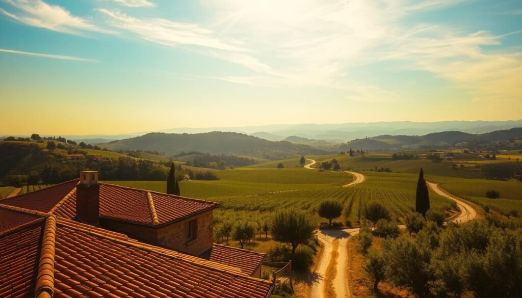 Scenic French countryside bathed in warm, golden sunlight. A rolling landscape of verdant hills and lush vineyards, dotted with charming rural villages. In the foreground, a traditional stone farmhouse, its reddish-brown tiles glistening under the sun. Surrounding it, rows of grapevines and olive trees, their leaves rustling gently in the soft breeze. In the middle ground, a small winding road leads through the idyllic scene, inviting the viewer to explore. The background features a hazy, azure sky, with wispy clouds drifting lazily overhead. The overall mood is one of tranquility, abundance, and the natural beauty of the Provence region of France.