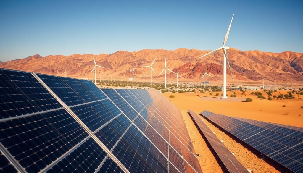 Sweeping desert vistas of Morocco's renewable energy future, with towering solar panels and wind turbines dotting the landscape. In the foreground, sleek and modern solar arrays harness the abundant sunshine, their reflective surfaces gleaming under a bright, cloudless sky. In the middle ground, graceful wind turbines slowly turn, their blades cutting through the air with a gentle, mesmerizing rhythm. The background is dominated by rugged, sun-baked mountains, their slopes extending to the horizon, symbolizing the vast potential for green energy development in this North African kingdom. The scene conveys a sense of progress, innovation, and environmental harmony - a vision of Morocco's renewable energy-driven tomorrow.