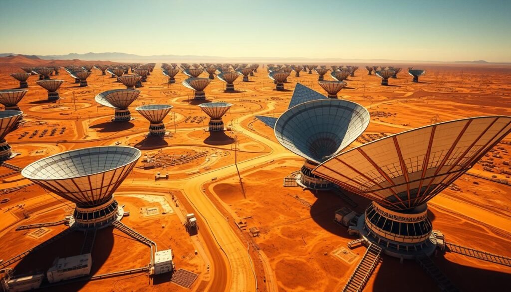 Vast solar thermal power plants, towering parabolic troughs reflecting the sun's rays onto central receivers. Intricate networks of pipes and turbines, harnessing the sun's thermal energy to generate clean, renewable electricity. In the heart of the Sahara, this technological marvel stands as a symbol of humanity's ingenuity and commitment to a sustainable future. Sleek, modern structures blend seamlessly with the rugged desert landscape, showcasing the harmony between man-made and natural wonders. Shimmering heat waves distort the horizon, adding an ethereal quality to the scene. Sunlight dances across the mirrored surfaces, casting dynamic shadows that guide the eye through the complex interplay of form and function.