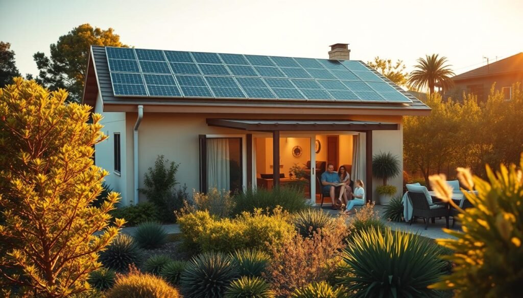 a cozy, well-lit modern house with a prominent solar panel array on the roof, bathed in warm afternoon sunlight. The house is surrounded by a lush, meticulously landscaped garden with a variety of native plants and trees. In the foreground, a family is gathered on the patio, enjoying the sun and basking in the clean, renewable energy powering their home. The scene exudes a sense of self-sufficiency, comfort, and environmental consciousness. The overall composition emphasizes the harmony between the built environment and nature, showcasing the potential for energy independence and sustainable living.