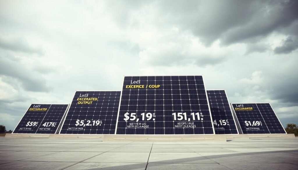 A deceptive solar panel display, with exaggerated energy output claims, set against a backdrop of a cloudy, overcast sky. The panels are positioned prominently, their glossy surfaces reflecting the muted daylight. In the foreground, a shadow of doubt creeps across the scene, hinting at the disconnect between marketing promises and real-world performance. The lighting is flat, emphasizing the false sense of reliability. The composition draws the viewer's eye to the central panels, inviting a closer, more critical examination of the misleading claims.