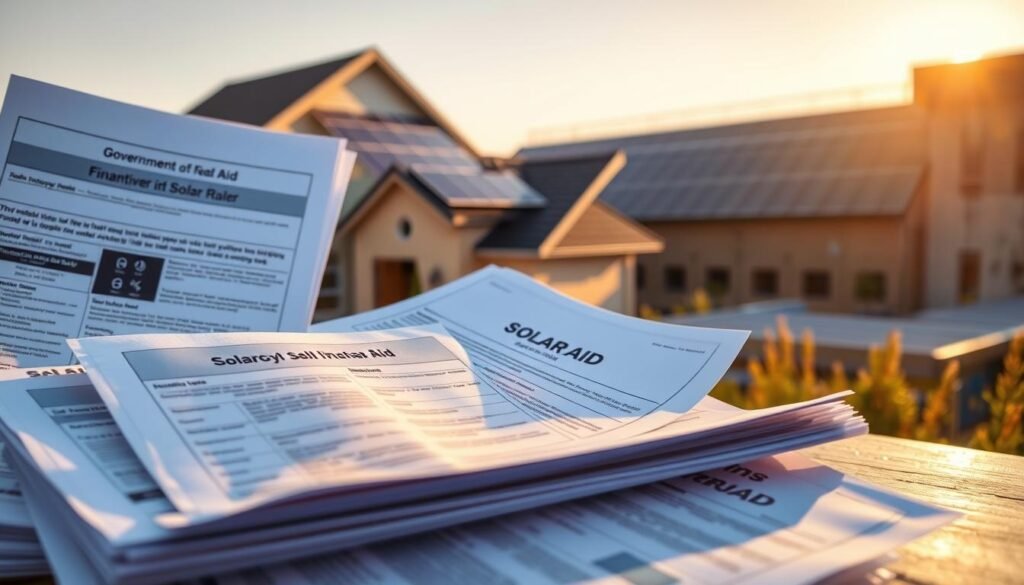 A detailed, high-quality image of financial aid for solar panels. In the foreground, various government-issued documents and brochures depicting solar energy incentives and rebate programs. In the middle ground, a photovoltaic panel installation on a suburban home, casting long shadows. The background features an array of solar panels on a commercial building, bathed in warm, golden afternoon light. The overall mood is informative and authoritative, conveying the real-world availability of financial assistance for renewable energy projects. Realistic textures, crisp details, and a well-balanced composition.