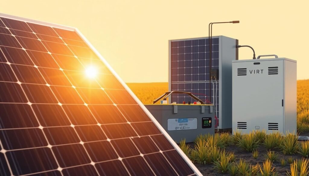 A detailed, technical illustration of the key components of an off-grid solar system. A large solar panel in the foreground, capturing the sun's rays with precision. In the middle ground, a battery bank storing the harvested energy, and a charge controller regulating the flow. In the background, an inverter converting the stored power into usable electricity. The scene is bathed in warm, golden light, conveying the reliable, self-sufficient nature of the system. The overall composition highlights the essential elements required to provide power in remote, off-grid locations.