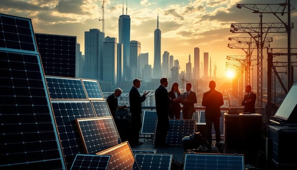 A dynamic scene depicting the competitive nature of the photovoltaic market in France. In the foreground, various solar panels and renewable energy equipment are displayed, each vying for attention. The middle ground showcases silhouettes of industry professionals, engaged in heated discussions and negotiations. In the background, a cityscape with towering skyscrapers and bustling streets sets the stage for this high-stakes marketplace. The lighting is a combination of warm, natural sunlight and cool, artificial illumination, creating a sense of intensity and urgency. The overall composition conveys the fiercely competitive environment and the challenges faced by players in the French solar industry.