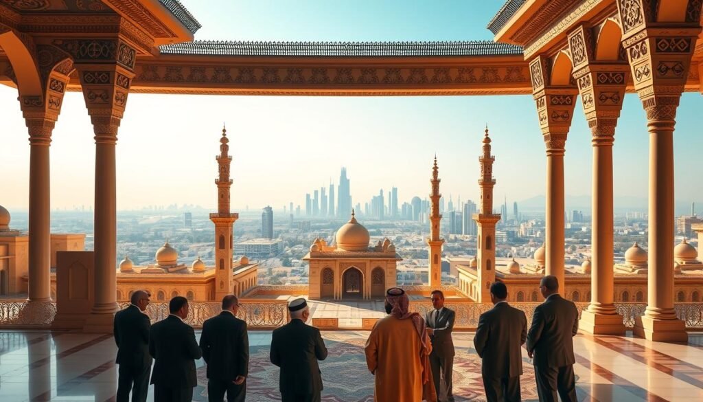 A grand architectural landscape depicting the strategic partnership between France and Saudi Arabia. In the foreground, a majestic palace with intricate Islamic motifs and towering arches, bathed in warm, golden light. In the middle ground, delegates from both nations engage in animated discussions, their formal attire and gestures conveying a sense of diplomacy and cooperation. The background features a panoramic view of the Riyadh skyline, with modern skyscrapers and traditional minarets blending seamlessly. The scene is imbued with a sense of grandeur, power, and geopolitical significance, reflecting the crucial nature of this strategic alliance.