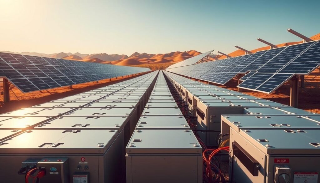 A large-scale solar energy storage system, showcasing rows of sleek, modern battery banks against a backdrop of a vibrant, sun-drenched landscape. The batteries are arranged in a grid-like formation, their metallic casings gleaming under the warm, directional lighting. In the foreground, intricate wiring and control panels hint at the sophisticated technology powering this sustainable energy solution. The middle ground features solar panels, their angled surfaces capturing the abundant sunlight and seamlessly integrating with the battery storage system. The distant horizon is dominated by rolling hills and a clear, azure sky, creating a sense of expansive, renewable potential. This image conveys the revolutionary impact of battery storage on solar energy, delivering a clean, efficient, and future-focused vision for the UAE's ambitious renewable energy project.