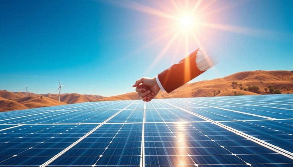 A modern, sleek solar energy facility set against a backdrop of rolling hills and a vibrant blue sky. In the foreground, two businesspeople shake hands, sealing a green power purchase agreement (PPA) contract, symbolizing the innovative renewable energy solutions that power the Iberian peninsula. Rays of warm sunlight filter through the scene, highlighting the clean, sustainable technology at the heart of this transaction. The facility's gleaming solar panels stretch into the distance, a testament to TotalEnergies' commitment to the region's renewable energy transition. The overall composition conveys a sense of progress, collaboration, and a future powered by clean, renewable electricity.