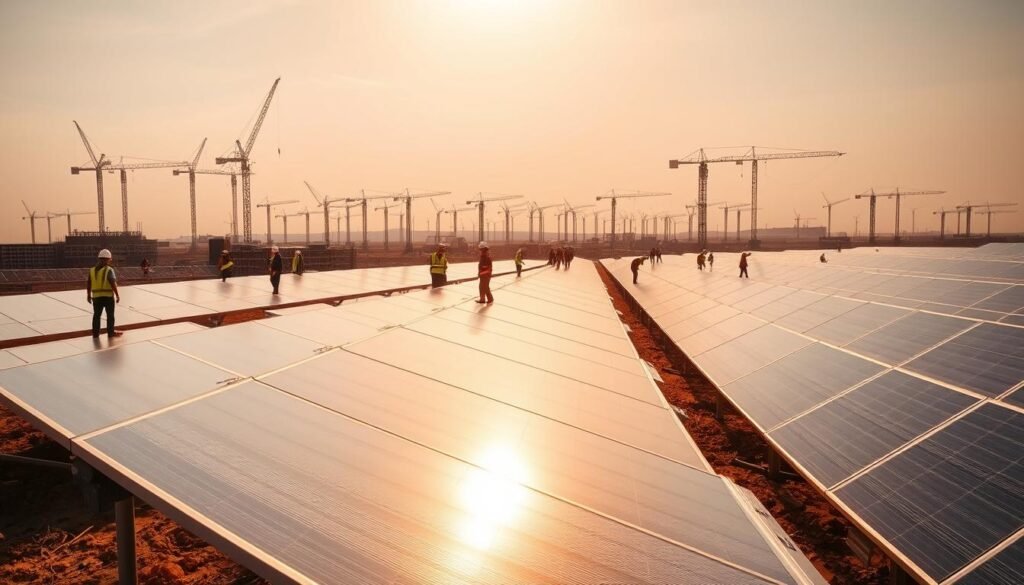 A panoramic view of a solar energy project unfolding. In the foreground, rows of sleek, silver solar panels glisten in the warm, golden sunlight, their surfaces reflecting the sky above. In the middle ground, workers in hardhats and reflective vests busily assemble and install the panels, their movements precise and efficient. In the background, the silhouettes of towering cranes and scaffolding stand tall, a testament to the scale and complexity of the endeavor. The scene is bathed in a soft, diffuse light, creating a sense of harmony and progress as the project gradually takes shape. The overall atmosphere is one of technological innovation, sustainable energy, and collaborative effort.