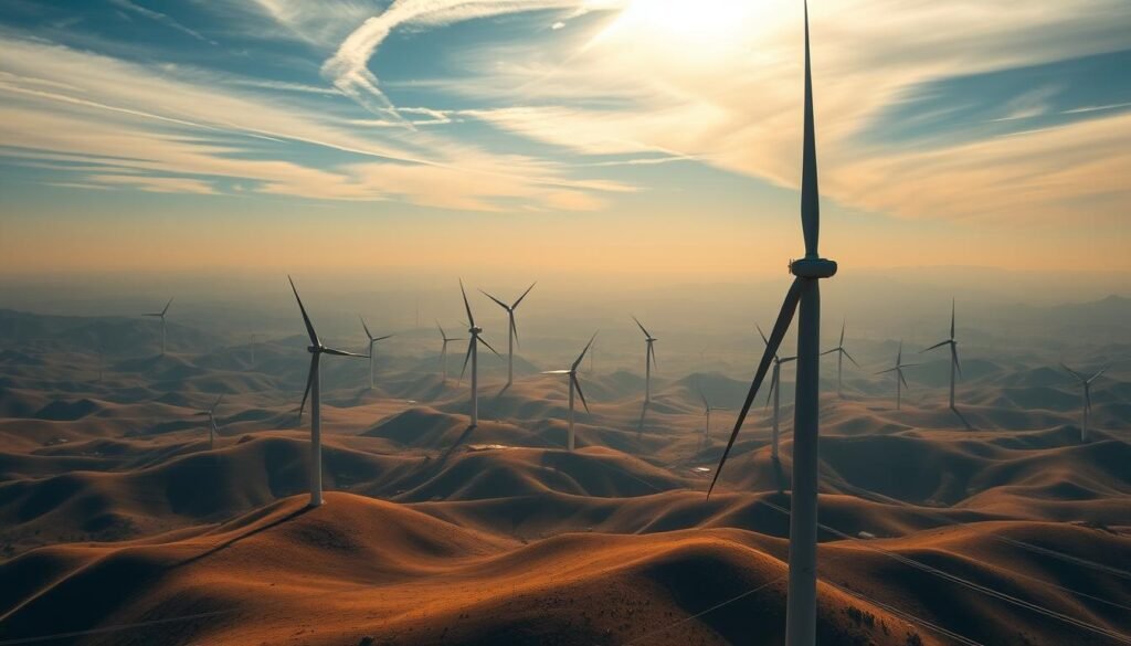 A panoramic view of a vast wind farm, towering turbines dotting the rolling hills. The blades slice through the air, their graceful motion generating a palpable sense of power. In the foreground, a lone turbine stands tall, its sleek silhouette etched against a dramatic sky - a vivid interplay of light and shadow. The middle ground reveals the intricate web of transmission lines, linking the wind farm to the broader energy grid. In the distance, a horizon of undulating mountains, hinting at the scale of this renewable energy marvel. The scene is bathed in a warm, golden glow, conveying a sense of harmonious coexistence between nature and technology.