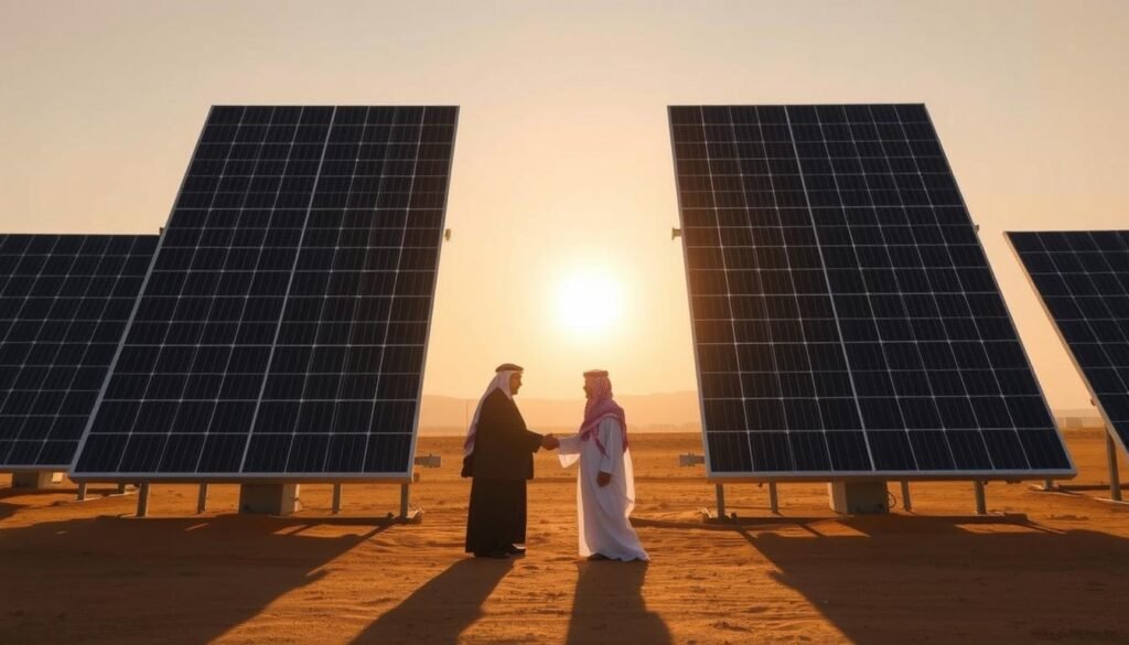 A sun-drenched landscape in the heart of Saudi Arabia, with two towering solar panels standing tall and proud against the backdrop of a cloudless sky. In the foreground, a group of French and Saudi officials shake hands, sealing a landmark agreement that symbolizes the strengthening cooperation between the two nations. The panels cast long shadows, conveying a sense of grand scale and technological prowess. The scene is bathed in a warm, golden light, reflecting the burgeoning partnership between these two economic powerhouses as they embrace the future of renewable energy. The image captures the essence of this historic moment, a testament to the cutting-edge solar technologies that France has brought to the Arabian Peninsula.