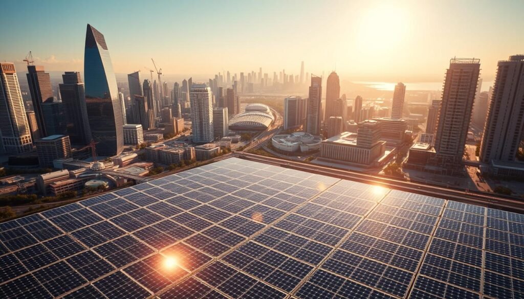 A sweeping aerial view of a bustling city skyline, with towering skyscrapers and gleaming glass facades. In the foreground, a massive solar power plant stands out, its expansive solar panels glinting in the bright sunlight. The panels are arranged in a seamless, geometric pattern, harnessing the abundant solar energy of the region. In the background, a network of modern, eco-friendly buildings and infrastructure hint at the city's commitment to sustainable development. The scene is bathed in a warm, golden glow, conveying a sense of progress and innovation. The whole image radiates a sense of forward-thinking, cutting-edge technology in harmony with the natural environment.