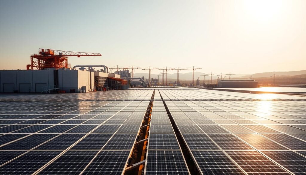 A vast industrial complex sprawls across the Moselle landscape, its sleek, modern architecture reflecting the sun's rays. In the foreground, rows of gleaming solar panels stretch out, their smooth surfaces capturing the sun's energy with precision. The middle ground features towering cranes and automated machinery, the lifeblood of this solar manufacturing powerhouse. In the background, a cloudless sky frames the scene, bathed in warm, golden light that illuminates the ambitious scale of this facility. The overall atmosphere conveys a sense of technological prowess, environmental responsibility, and the sheer industrial might driving Europe's renewable energy revolution.