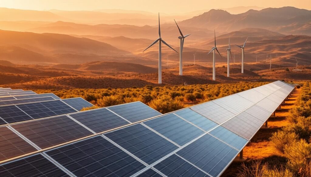 A vast landscape of renewable energy expansion unfolds, bathed in warm golden sunlight. In the foreground, sleek solar panels glisten, their efficient design harnessing the power of the sun. In the middle ground, towering wind turbines stand tall, their graceful blades spinning steadily, generating clean, renewable electricity. In the distance, rolling hills and mountains provide a picturesque backdrop, showcasing the natural beauty that coexists with these modern energy solutions. The scene exudes a sense of progress, innovation, and a commitment to a sustainable future, perfectly capturing the "Perspectives d'expansion future" for renewable energies in Spain.