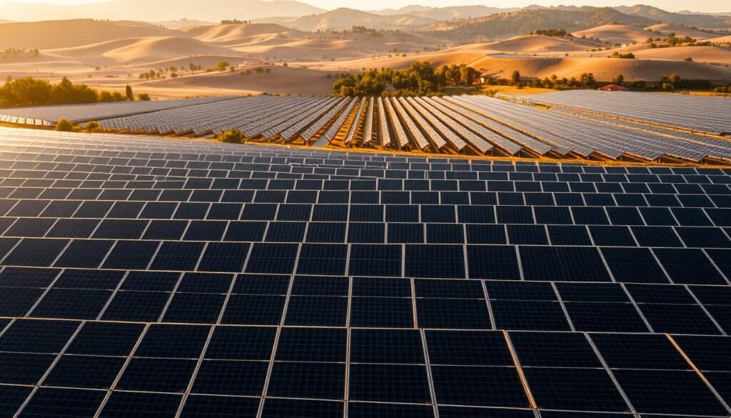 A vast solar farm stretches across a gently undulating landscape, the rows of sleek, black solar panels gleaming in the warm sunlight. In the foreground, the panels are arranged in perfect geometric patterns, their surfaces angled to capture the maximum amount of solar energy. The middle ground features a mix of taller, commercial-scale panels and smaller, residential-scale units, seamlessly integrated into the overall design. In the background, rolling hills and verdant trees frame the scene, creating a sense of tranquility and harmony between the renewable energy technology and the natural environment. The lighting is soft and diffused, casting long shadows and creating a sense of depth and dimension. The overall impression is one of a thriving, sustainable energy ecosystem that is both technologically advanced and environmentally conscious.