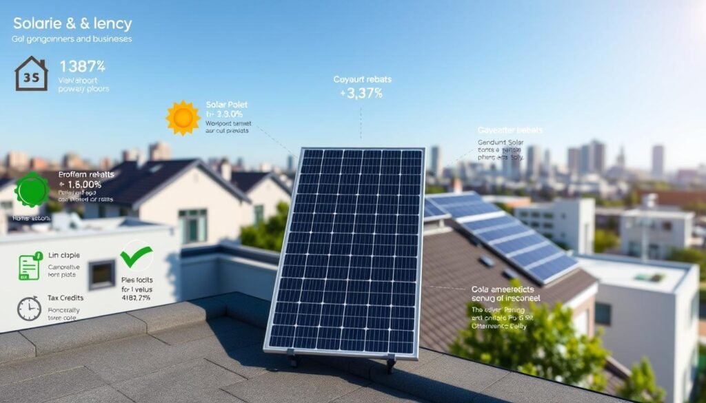 A well-lit, realistic 3D rendering of a solar panel installation, showing the various financial incentives and subsidies available for homeowners and businesses. The foreground features a modern, sleek photovoltaic panel in the center, surrounded by an array of informational graphics, price tags, and icons representing government rebates, tax credits, and other assistance programs. The middle ground showcases a residential rooftop with multiple solar panels installed, while the background depicts a cityscape with commercial buildings and a clear blue sky. The overall composition conveys a sense of accessibility and affordability for solar energy solutions.