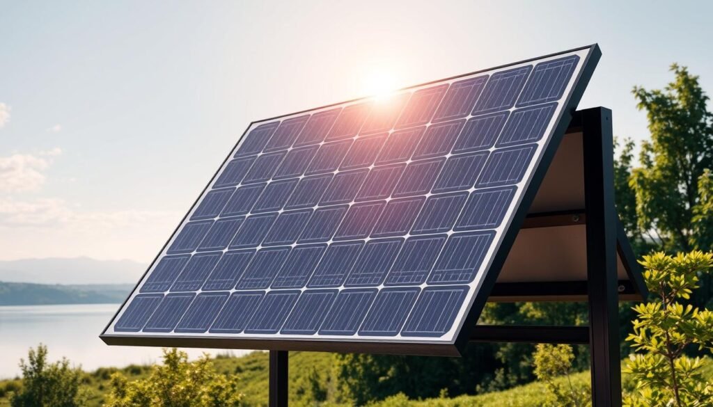 Detailed photorealistic image of a high-efficiency solar panel in a modern, minimalist design. The solar panel is mounted on a sleek, black metal frame with a clean, uncluttered appearance. The panel has a glossy, reflective surface that captures the light beautifully, casting warm, natural shadows across the frame. The panel is positioned at an optimal angle to maximize solar exposure, with the sun's rays shining down upon it from a bright, cloudless sky. The background is a serene, natural landscape, featuring lush greenery and a tranquil body of water, creating a calming, eco-friendly atmosphere.