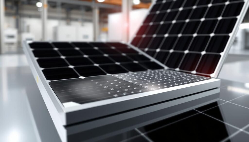 Modules photovoltaïques Crystal Advanced: a detailed and technical illustration showcasing the intricate design and construction of a high-efficiency solar panel. In the foreground, the panel's sleek black surface reflects the gleaming metallic frame, capturing the premium aesthetic. The middle ground reveals the solar cells' crystalline structure, their intricate patterns hinting at the advanced technology within. In the background, a softly lit industrial setting suggests the panel's origins in a modern manufacturing facility. The overall scene conveys a sense of precision, innovation, and the French heritage of Photowatt, a pioneering solar energy company.