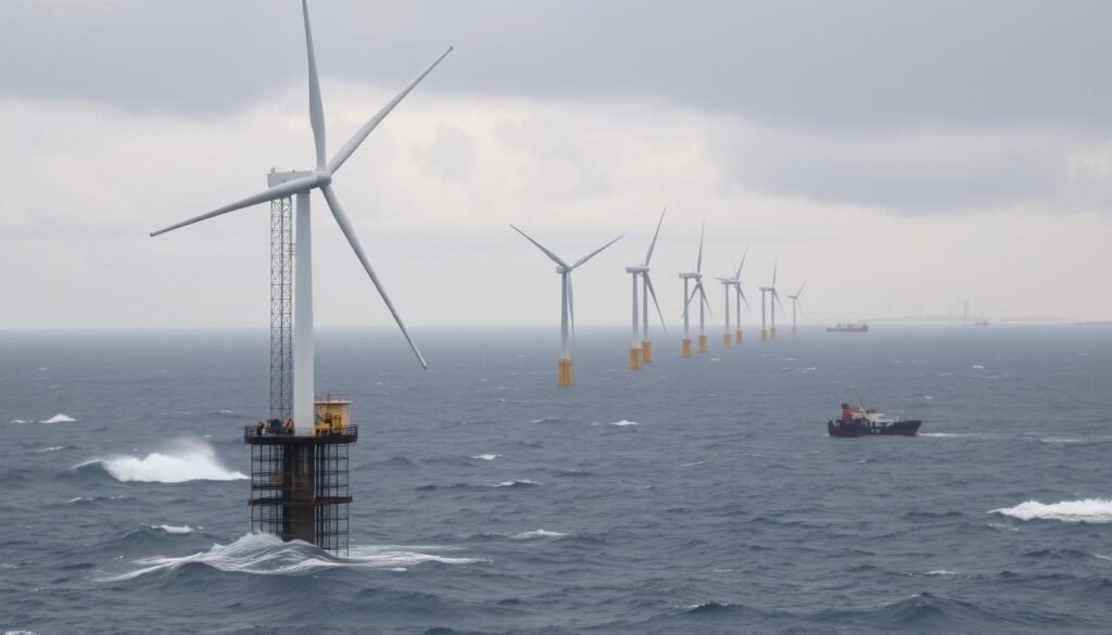 Offshore wind farm amidst crashing waves and cloudy skies, towering turbines standing tall against the horizon, their blades cutting through the wind with graceful precision. In the foreground, a turbine under construction, workers toiling to secure its foundation, the challenges of building in the open ocean visible. The middle ground features established turbines, their nacelles glinting in the muted light, power cables snaking across the water's surface. In the background, a fleet of service vessels and construction barges, silhouetted against the distant coastline. The scene conveys the scale, complexity, and environmental conditions of offshore wind energy development.