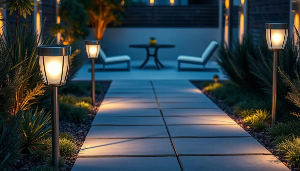 Outdoor solar lighting, a sleek and contemporary design. A well-lit pathway leading to a modern, minimalist patio setting. Warm, diffused illumination from solar-powered lamps, strategically placed to create a cozy, inviting ambiance. The lamps feature clean lines, subtle textures, and a harmonious blend of materials like brushed metal and frosted glass. Soft shadows dance across the ground, adding depth and character to the scene. The lighting seamlessly integrates with the natural surroundings, enhancing the outdoor living experience without overpowering the space. A perfect balance of form and function, showcasing the versatility and appeal of solar-powered lighting solutions.