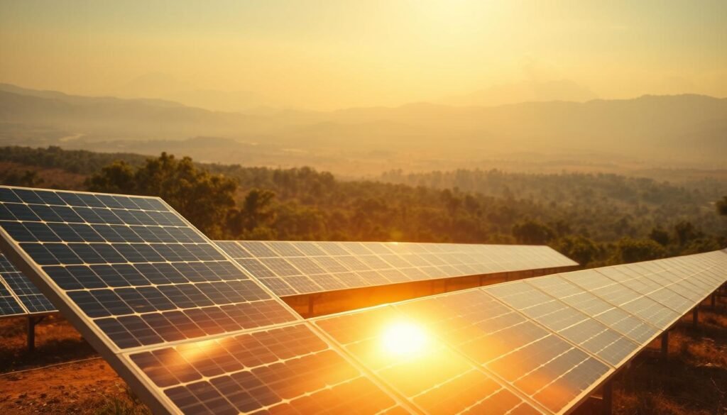 Sweeping vistas of solar panels dotting the African landscape, bathed in warm, golden sunlight. Rows of gleaming, efficient solar modules stand tall against a backdrop of lush, verdant foliage and distant, hazy mountains. The panels capture the sun's abundant energy, transforming it into a vital, sustainable power source for rural communities. Lens flare and a shallow depth of field create a sense of depth and drama, highlighting the importance of this off-grid solar solution for bringing electricity to areas without reliable grid access. The scene conveys a sense of progress, hope, and a harmonious integration of renewable technology with the natural world.