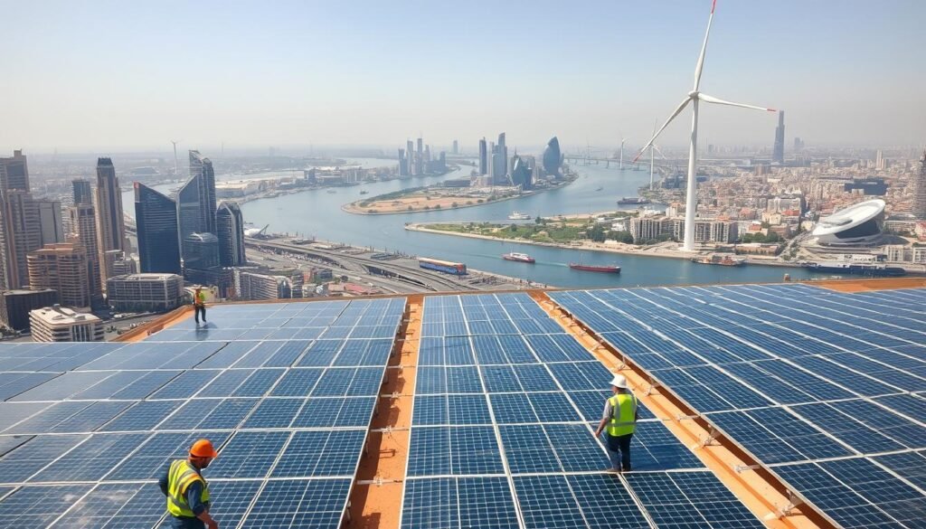 A bustling cityscape in Egypt, with towering skyscrapers and bustling streets. In the foreground, a large solar farm stretches out, its gleaming panels harnessing the abundant sunshine. Workers in hard hats and reflective vests move about, maintaining the clean energy infrastructure. In the middle ground, a modern wind turbine stands tall, its blades slowly turning, generating more renewable power. The background is a vibrant panorama of the Nile River, with traditional boats and barges transporting goods. The scene radiates a sense of progress, sustainability, and economic opportunity, reflecting the transformative impact of renewable energy investments in Egypt.