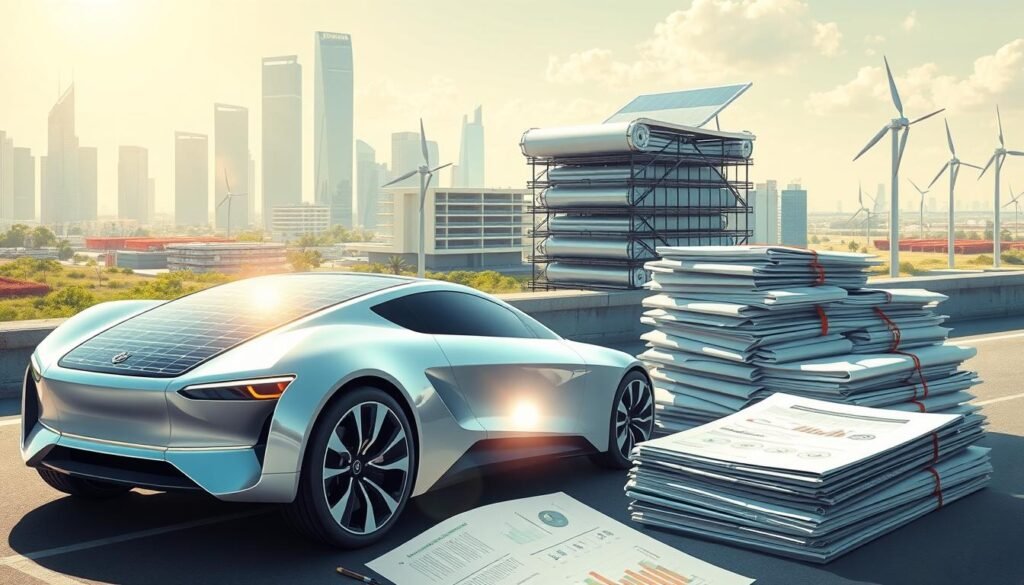 A detailed, photorealistic digital illustration depicting the financing of a solar-powered car. In the foreground, a sleek, futuristic electric vehicle with solar panels integrated into the body. Sunlight glints off the smooth, aerodynamic design. In the middle ground, a stack of financial documents, graphs, and charts, representing the complex financial considerations behind the development of such an innovative vehicle. The background features a cityscape with modern skyscrapers and renewable energy infrastructure, conveying a sense of sustainable urban mobility. The overall mood is one of technological progress and environmental responsibility, with careful attention to the practical and financial realities of bringing a solar-powered car to market.