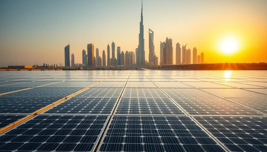 A futuristic solar photovoltaic installation set against a vibrant Dubai skyline. In the foreground, cutting-edge solar panels capture the sun's energy with intricate patterns and advanced materials. The middle ground features robotic systems and AI-powered monitoring devices, optimizing efficiency and output. In the background, the iconic architecture of Dubai's skyline glimmers under the warm desert sun, symbolizing the emirate's commitment to renewable energy and technological innovation. The scene exudes a sense of progress, sustainability, and the intersection of clean tech and smart city development.