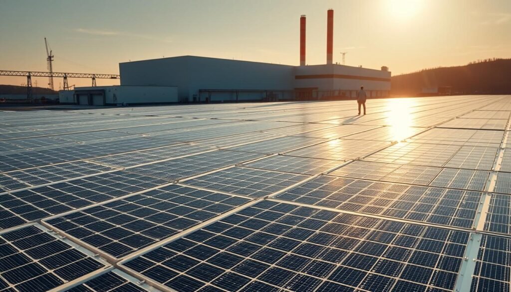 A large-scale photovoltaic manufacturing facility, its massive white TOPCon solar panels glinting in the afternoon sunlight. The panels are arranged in precise rows, their intricate gridwork of metallic interconnections and silicon cells visible in detailed close-up. The scene is bathed in warm, diffused lighting, casting long shadows that convey the industrial scale of the operation. In the background, a modern factory building rises up, its sleek, angular architecture and minimalist design complementing the technical elegance of the solar technology on display. The overall impression is one of advanced, cutting-edge renewable energy production, a vision of a sustainable technological future.