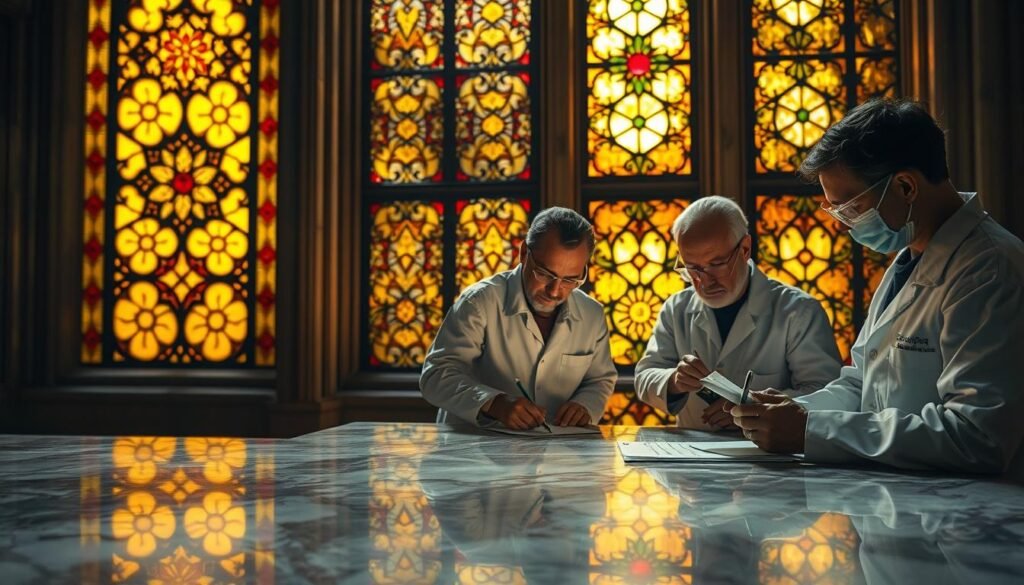 A medieval stained glass window glowing with warm amber tones, its intricate patterns and geometric designs casting a mesmerizing array of colored light onto a polished marble floor. In the foreground, a team of experts in white lab coats and safety goggles carefully examine the window, taking measurements and scribbling notes, their expressions contemplative as they analyze the technical aspects of the ancient glass. The background is bathed in a soft, atmospheric lighting, emphasizing the reverence and expertise surrounding this historical masterpiece that now inspires the development of modern solar panels, a synthesis of ancient and cutting-edge technology.