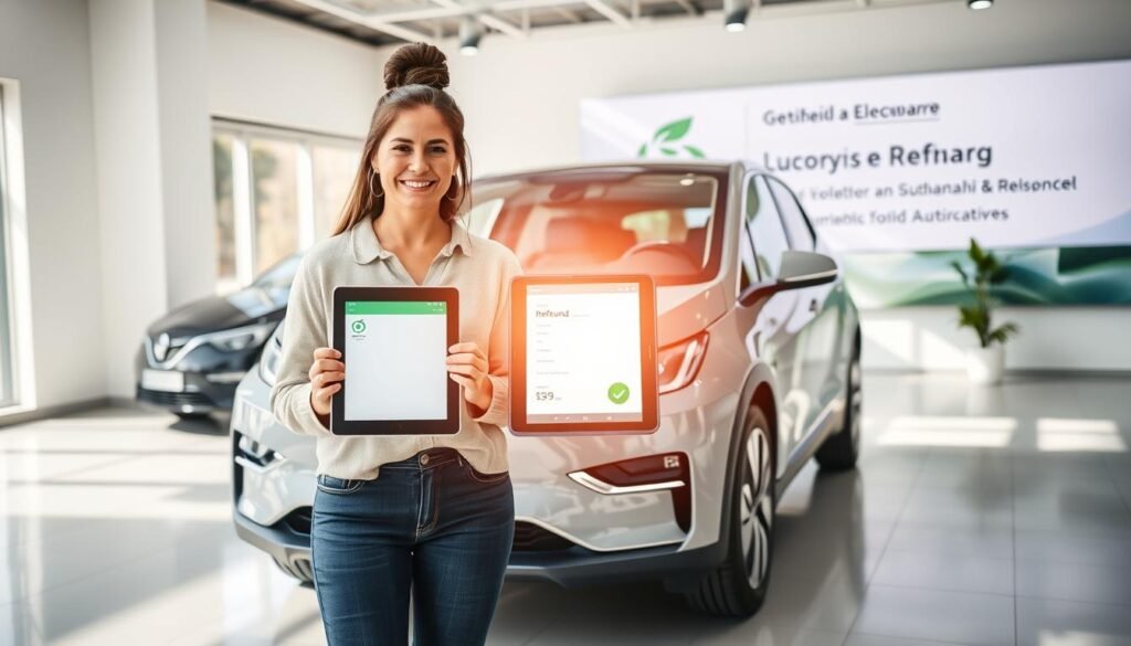 A modern electric car parked in a bright, sunlit showroom. In the foreground, a customer stands before the vehicle, holding a tablet displaying a refund application. Their expression is one of relief and satisfaction. The middle ground features sleek, minimalist design elements that accentuate the car's clean lines. In the background, a wall-sized display showcases the manufacturer's branding and sustainability initiatives. The lighting is natural, creating a warm, inviting atmosphere that highlights the car's eco-friendly features. The overall scene conveys a sense of progress, customer-centric service, and a transition towards a greener automotive future.