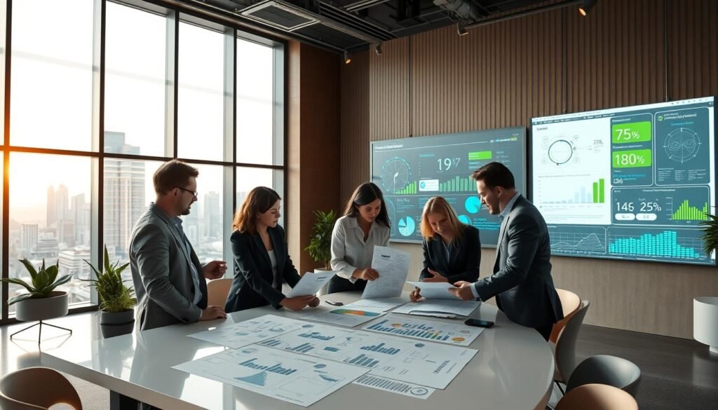 A modern, well-lit office interior with floor-to-ceiling windows overlooking a bustling city skyline. In the foreground, a group of business professionals engaged in a collaborative discussion around a large conference table, examining detailed schematics and diagrams of various renewable energy solutions. The middle ground features sleek, minimalist office furniture and decor, complemented by subtle, ambient lighting. In the background, a large wall-mounted display showcases dynamic visualizations of energy consumption data and renewable energy generation statistics. The overall atmosphere conveys a sense of innovation, sustainability, and progressive corporate values.