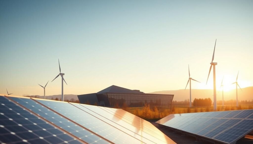 A panoramic scene of the European Union's energy policies in transition. In the foreground, sleek solar panels and wind turbines stand tall, harnessing renewable energy. The middle ground features modern, angular architecture resembling government or administrative buildings, symbolizing the policymaking process. In the background, a gradient sky transitions from bright, hopeful blues to warm, golden hues, conveying a sense of progress and a brighter, more sustainable future. The lighting is soft and diffused, creating a sense of optimism and determination. The overall composition is balanced and harmonious, reflecting the collaborative nature of the European Union's energy transition.