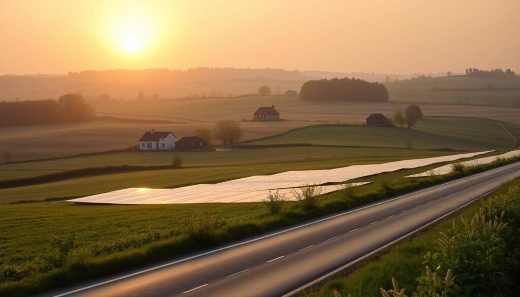 A picturesque rural landscape in Normandy, France, showcasing the first solar road in the country. The foreground features the sleek, solar-paneled surface of the Tourouvre-au-Perche road, its modern design blending seamlessly with the rolling hills and lush greenery. In the middle ground, quaint French countryside homes and farmhouses dot the horizon, their traditional architecture complementing the innovative technology. The background is dominated by a warm, golden sunset, casting a soft, glowing light over the scene and highlighting the harmony between nature and renewable energy. The image conveys a sense of progress and environmental consciousness, capturing the essence of this groundbreaking project.