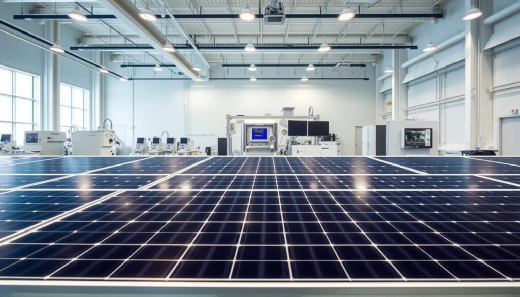 A sleek and modern photovoltaic module laboratory, with an array of photovoltaic panels in the foreground. The panels are arranged in a grid-like pattern, reflecting the clean and organized nature of the technology. The middle ground features various testing equipment and instrumentation, showcasing the advanced analytical capabilities required to develop and refine these technologies. The background depicts a large, well-lit workspace with high ceilings and abundant natural light, creating a sense of openness and innovation. The overall scene conveys the cutting-edge nature of the dominant photovoltaic technologies powering the American solar industry.