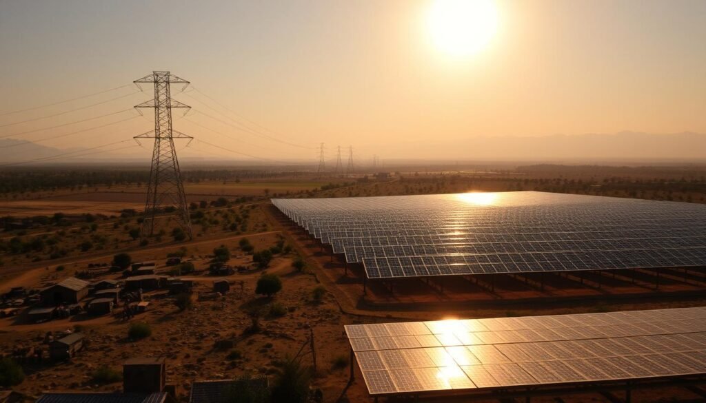 A sprawling African landscape, illuminated by the sun's golden rays. In the foreground, rugged terrain with clusters of traditional mud-brick homes and bustling village life. Towering electricity pylons march across the horizon, contrasting with the natural setting. In the middle ground, rows of gleaming solar panels, their reflective surfaces capturing the sun's energy, a testament to the region's renewable potential. Hazy mountains in the distance, suggesting the challenges of terrain and infrastructure. The scene conveys the juxtaposition of old and new, the obstacles and opportunities inherent in deploying solar power across this diverse continent.