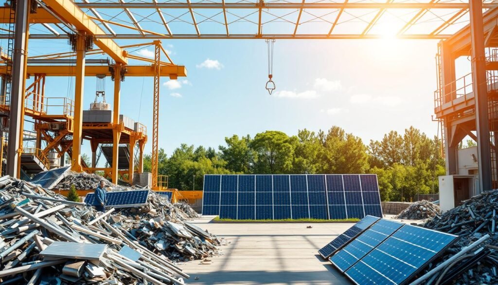 A sun-dappled industrial facility, where workers carefully dismantle and sort the components of used solar panels. In the foreground, gleaming piles of aluminum frames, glass sheets, and intricate silicon cells await recycling. Towering cranes and conveyor belts move the materials through the facility, as engineers oversee the meticulous process. The middle ground features a row of repurposed solar panels, now arranged to form a striking sculptural installation. In the background, verdant trees and a clear blue sky provide a serene contrast to the technical setting. Warm, diffused lighting casts a glow over the entire scene, emphasizing the environmental benefits of solar panel recycling.