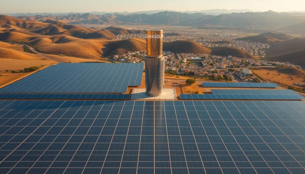 A sweeping aerial view of a solar power plant nestled in the rolling hills of Andalusia, Spain. In the foreground, sleek rows of photovoltaic panels stretch out like a shimmering sea of silver, capturing the sun's radiant energy. The central tower, Gemasolar, stands tall and proud, its mirrored surface reflecting the warm glow of the sky. In the middle ground, a bustling town emerges, its rooftops adorned with additional solar panels, indicating the widespread integration of renewable energy across the region. The background is framed by distant, jagged mountains, their peaks bathed in a soft, golden light, symbolizing the economic and environmental impact of this sustainable energy revolution. The scene conveys a sense of progress, innovation, and a harmonious balance between technology and nature.