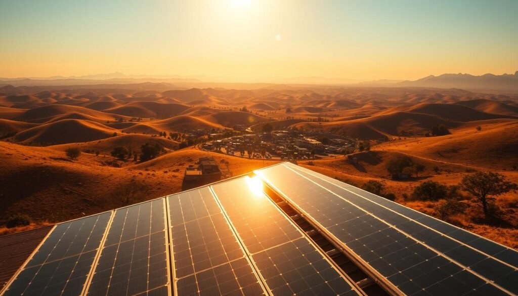 A vast expanse of undulating African landscape, bathed in warm, golden sunlight. In the foreground, a cluster of gleaming solar panels, their surfaces catching the light and radiating a sense of clean, renewable energy. In the middle ground, a bustling community, their homes and businesses powered by the sun's abundant rays. In the distance, towering mountains and a clear, azure sky, symbolizing the boundless potential of solar solutions. The scene exudes a palpable sense of progress and optimism, hinting at a future where sustainable energy transforms the lives of a billion Africans.