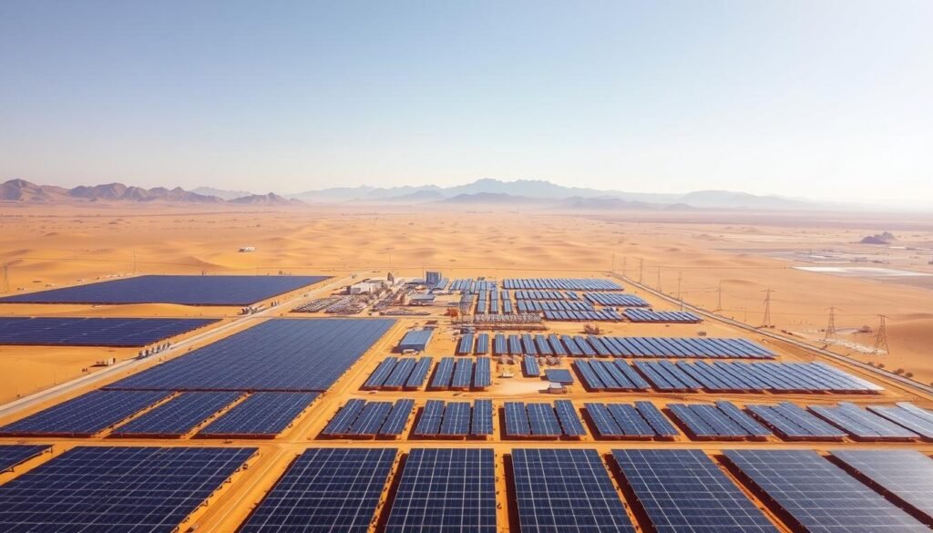 A vast, sun-drenched desert landscape, a sea of golden sand dunes stretching to the horizon. In the foreground, an expansive solar power plant, its sleek, dark panels gleaming under the relentless desert sun. Rows of solar collectors, meticulously aligned, capturing the abundant solar energy and converting it into clean, renewable electricity. The middle ground features a network of access roads and maintenance facilities, their utilitarian structures blending seamlessly with the natural environment. In the distance, a hazy silhouette of towering mountains, their peaks etched against the brilliant azure sky. The scene exudes a sense of technological prowess and environmental harmony, a testament to the potential of solar power to transform the arid desert into a hub of sustainable energy production.