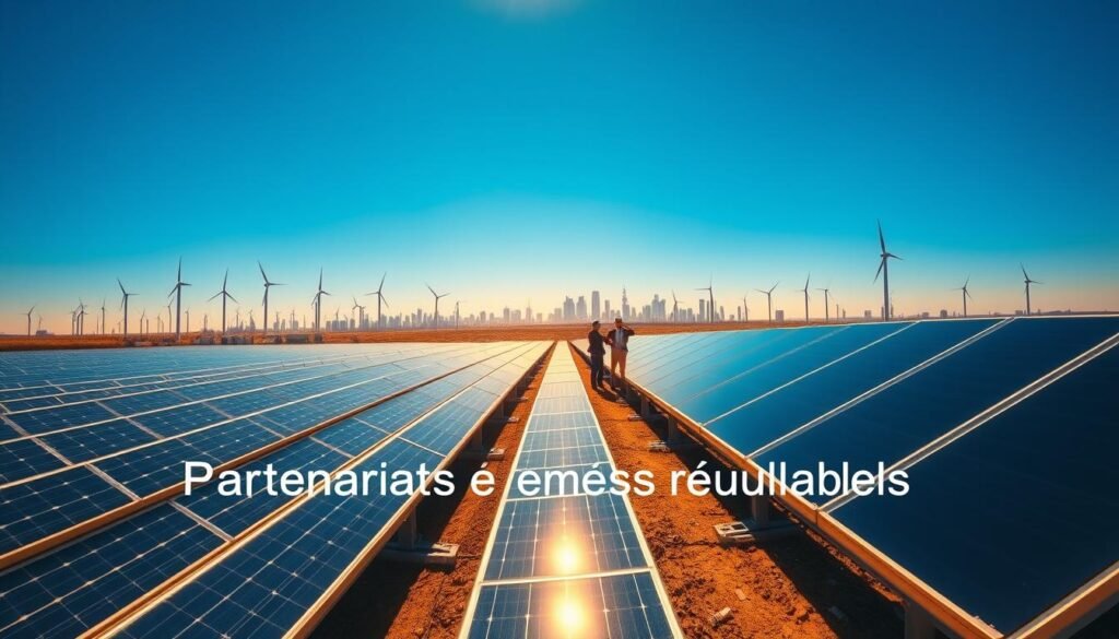 A vibrant panorama of renewable energy partnerships, featuring a vast solar farm in the foreground with rows of gleaming photovoltaic panels stretching toward the horizon. In the middle ground, engineers and technicians collaborate, discussing plans and overseeing the construction. In the background, a modern city skyline with towering wind turbines and a clear, azure sky, symbolizing a thriving clean energy ecosystem. The scene is bathed in warm, golden light, conveying a sense of progress, innovation, and international cooperation. Subtle, clean typography overlays the image, indicating the title "Partenariats énergies renouvelables".