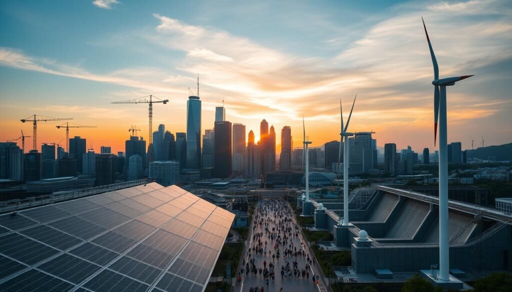 A bustling cityscape at dusk, with towering skyscrapers and cranes dotting the skyline. In the foreground, a diverse array of renewable energy sources stand tall, including sleek solar panels, towering wind turbines, and gleaming hydroelectric dams. The middle ground features a thriving urban center, where people move with purpose, indicating the economic shift towards a sustainable future. The background is bathed in a warm, golden light, suggesting the optimism and promise of the energy transition. The scene conveys the complex interplay between economic growth, environmental responsibility, and the challenges of decarbonizing the energy sector.